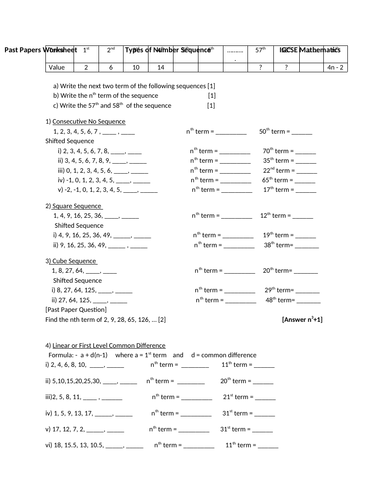 number sequence igcse mathematics 0580 past papers worksheet with