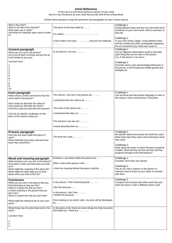 Writing frame for critically analysing a work of Art