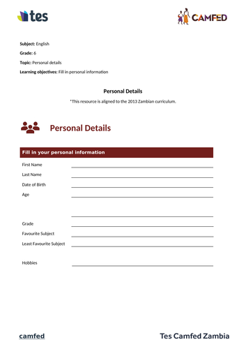 Personal Details Worksheet (Zambian Curriculum) | Teaching Resources