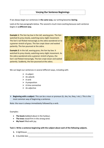 Varying Sentence Beginnings Worksheet for KS3 and KS4 | Teaching Resources