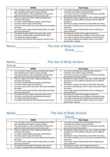 Year 7 Dance Body Actions Marking Grid