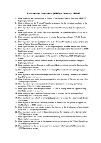 CIE History IGCSE Alternative to Coursework - 65+ Germany Questions ...