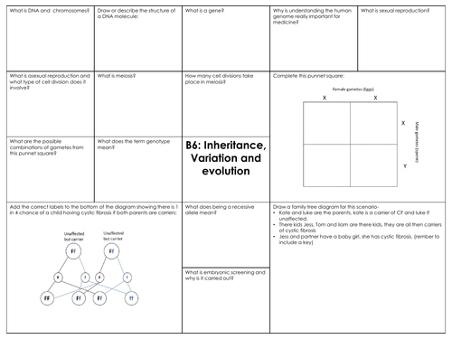 GCSE combined science AQA B6 Inheritance, variation and evolution revision mat