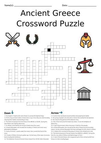 Giant A3 Ancient Greece Crossword Puzzle Teaching Resources