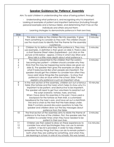 Patience Assembly! | Teaching Resources