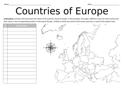 Countries of Europe A3 Map Worksheet | Teaching Resources