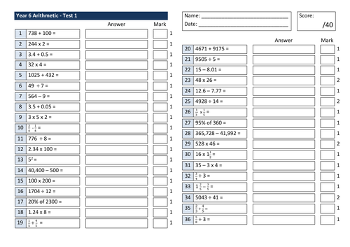 year-6-arithmetic-one-page-tests-x-12-teaching-resources