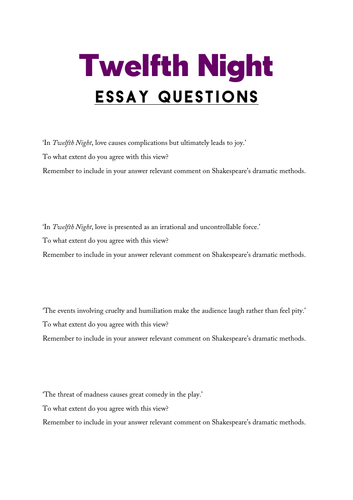 twelfth night a level essay questions