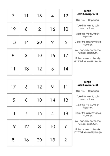 Bingo - 2 number addition up to 20