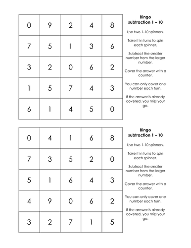 Bingo - subtraction from 10 and under