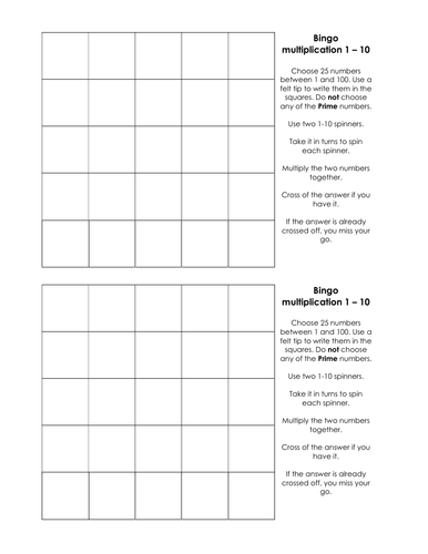 Bingo - multiplication 1 - 10 - no prime numbers