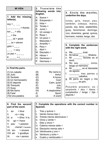 Revision Sheet KS3 - Viva 1 Unit 1 Mi Vida