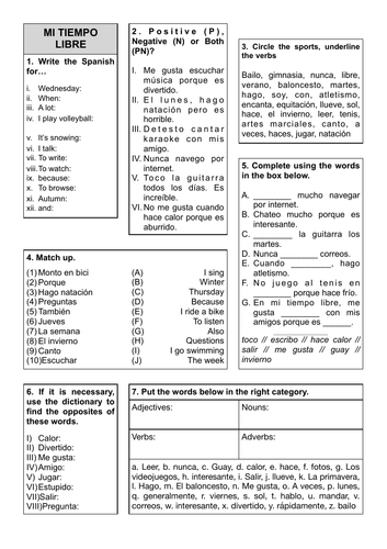 Revision Sheet KS3 - Viva 1 Unit 2 Mi Tiempo Libre