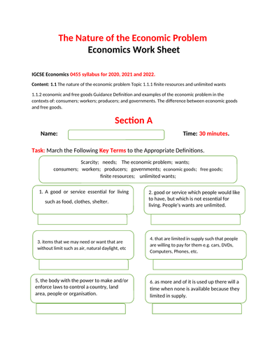 Worksheet on Nature of Economic Problems | Teaching Resources