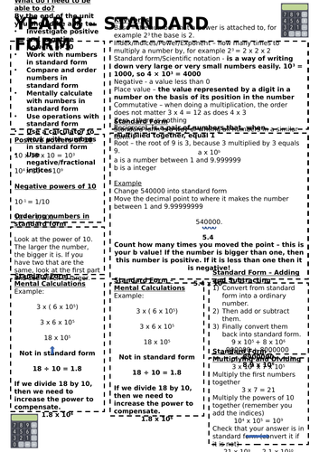 Standard Form Knowledge Organiser - Year 8 White Rose Maths | Teaching ...