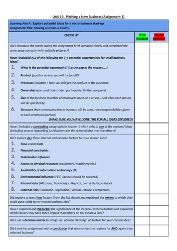 Unit 19: Pitching a New Business Student checklist, feedback and ...