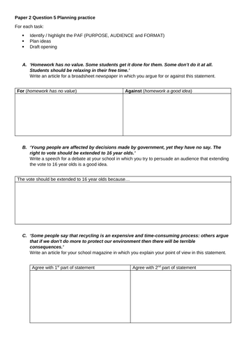 Paper 2 Question 5 Writing Planning Practices And Helpsheets Teaching Resources