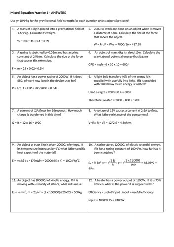 Part 1 Physics Equations Practice Questions (and answers) | Teaching