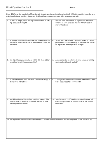 Part 2 Physics Equation Practice Questions (and answers) | Teaching ...