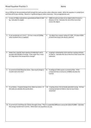 Part 3 Physics Equation Practice Questions (and answers)