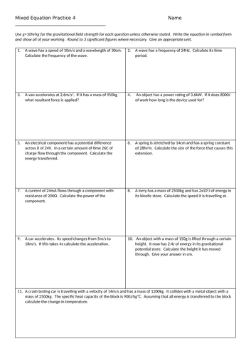 Part 4 Physics Equation Practice Questions (and answers)