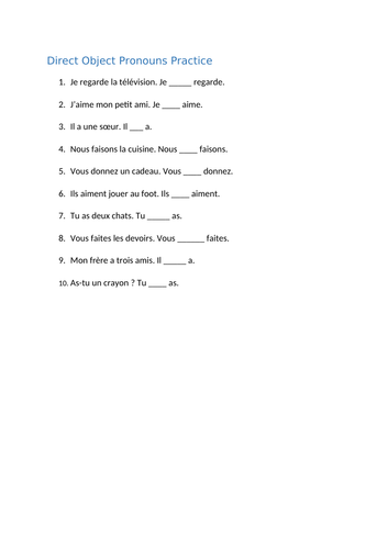 French Direct Object Pronouns Exercises