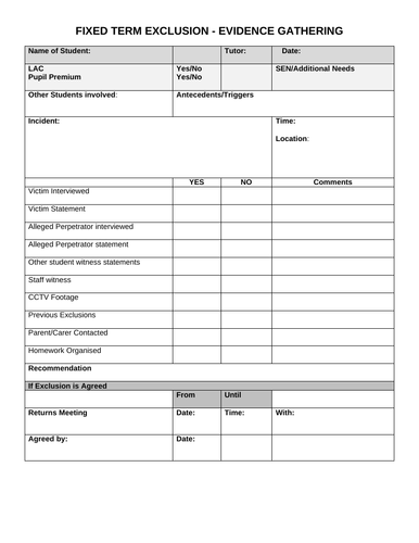 Fixed Term Exclusion Evidence Gathering Form