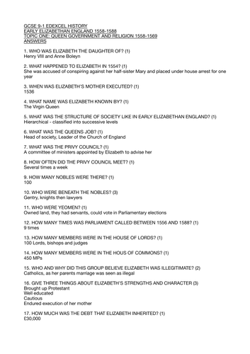 GCSE EDEXCEL 9-1 Early Elizabethan England Topic One Society, Statistics, Facts and Knowledge Test