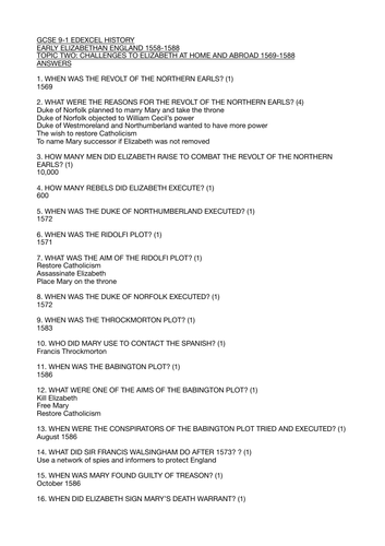 GCSE 9-1 Edexcel Early Elizabethan England Topic 2 Challenges to elizabeth Facts, Statistics test