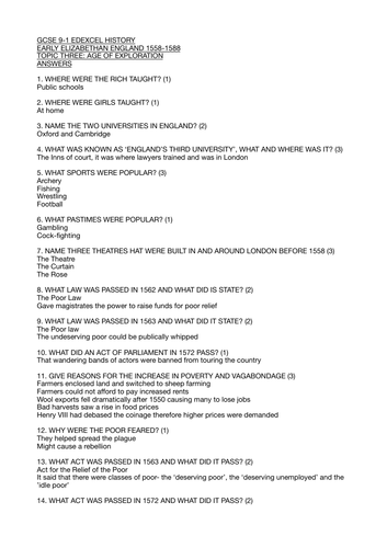 GCSE 9-1 Edexcel Early Elizabethan England Topic 3 Exploration Facts, Statistics and Knowledge Test