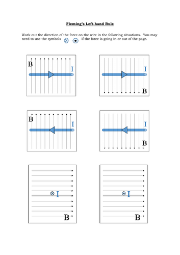 Fleming's Left Hand Rule Motor Effect worksheets (3) WITH ANSWERS