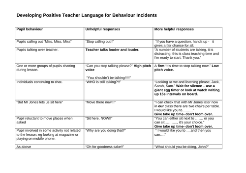 Positive Teacher Language for Behaviour Incidents