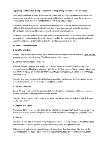 Transition During Lesson Time and Sequencing Between a Series of Lessons