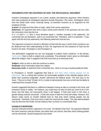 The Ontological Argument Revision Sheet - A Level Religious Studies