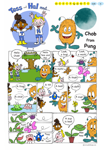 Tess and Hal comic strip stories and worksheets - alien phonics words ...