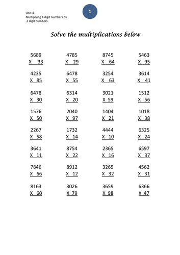 multiplying 4 digit numbers by 2 digit numbers teaching