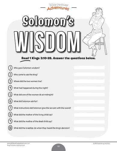 king solomon prays for wisdom activity sheets