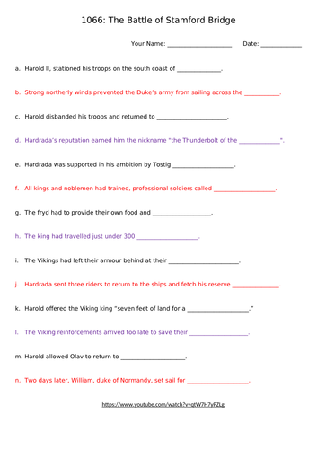 1066: Stamford Bridge BBC Video Question Sheet