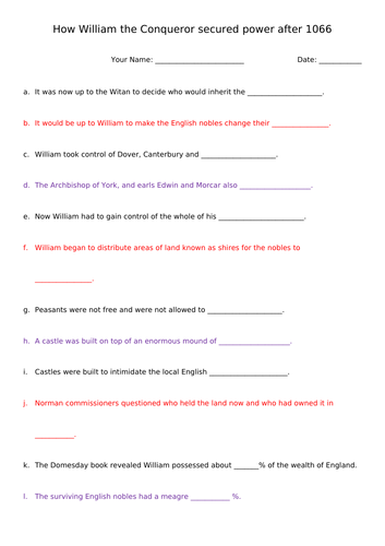 1066: William Secures Power BBC Video Question sheet