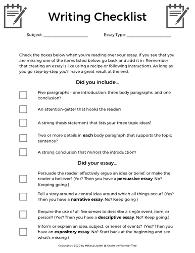 Free Essay Checklist - Beginning Writers 