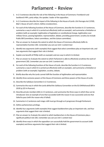 Parliament revision activities - Unit 2 Politics Edexcel