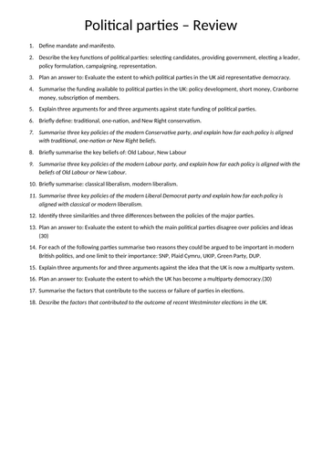Unit 1 Edexcel Politics - Revision questions bundle | Teaching Resources