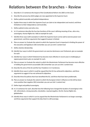 Relations between the branches revision activities - Unit 2 Politics Edexcel