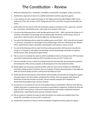 Constitution revision activities - Unit 2 Politics Edexcel