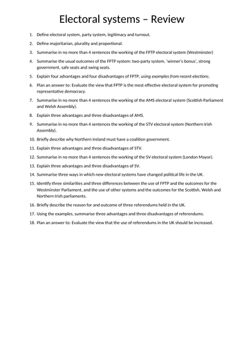 Electoral systems revision activities - Unit 1 Politics Edexcel