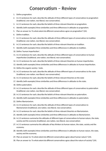 Conservatism revision activities - Unit 1 Politics Edexcel