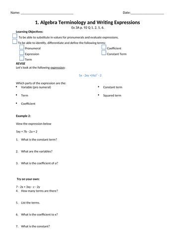 Algebraic Terminology and Writing Expressions | Teaching Resources