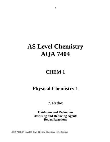AQA AS Chemistry 7 Redox Revision Notes | Teaching Resources