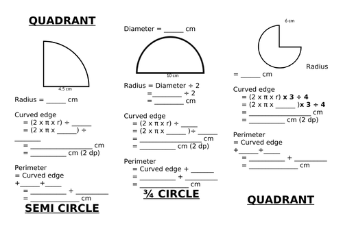 Perimeter of Quadrant, Semi Circle, 3/4 Circle | Teaching Resources