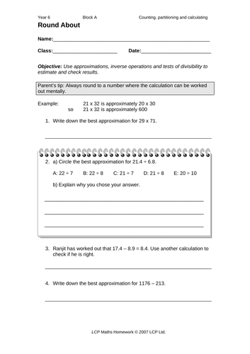 Year 6 Maths worksheet Estimating and Approximating | Teaching Resources